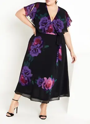 NEW City Chic Ladies Black Faux Wrap Tied Rose Maxi Dress Plus Size S 16 #M35 • $59.95