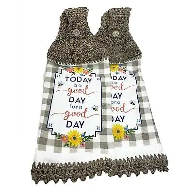 $14.39 • Buy Farmhouse Check Hanging Kitchen Towel Set Crochet Top Today Is A Good Day