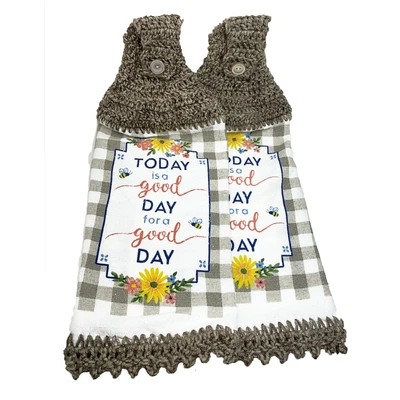 $14.39 • Buy Farmhouse Check Hanging Kitchen Towel Set Crochet Top Today Is A Good Day