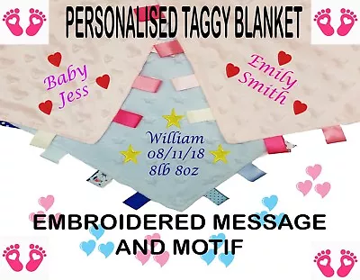 Personalised Embroidered Baby Tag Taggies Blanket Comforter Boy Girl *new Baby* • £7.99