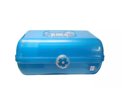 VTG CABOODLES Case Clear Blue Makeup Organizer With Mirror Flower Closure • $18