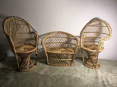 LOT 3 Vintage Doll Peacock Wicker Loveseat & 2 Rattan Chair  Decor • $24.99