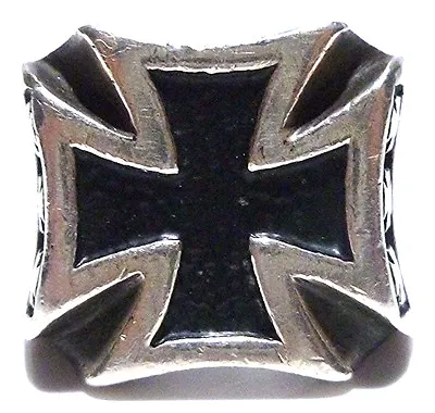 Mens Estate Large Black Enamel Maltese Cross Sterling Silver Biker Shield Ring • $95