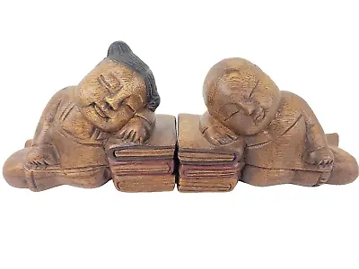 Good Luck Sleeping Children Hand Carved Wood Bookends Asian Sculpture Figurines • £19.95