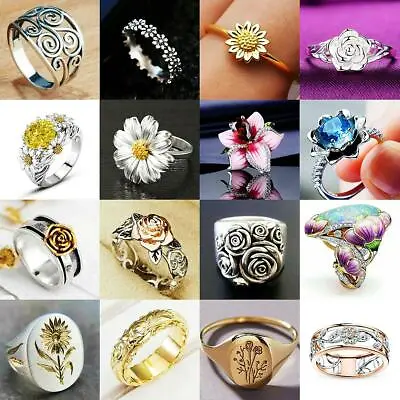 $1.88 • Buy Women Flower Ring Silver Cocktail Party Statement Anniversary Birth Jewelry Gift