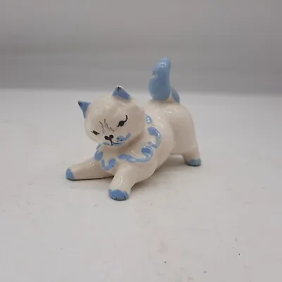 Vintage Kay Finch California Pottery Playing Kitten Kitty Cat Blue White 1940s • $19.99