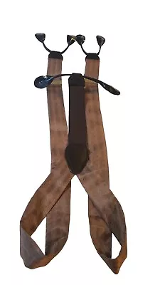 VTG 100% Mens Silk Suspenders Brown Brass Adjusters Y-Back Leather Button Ends • $13.60