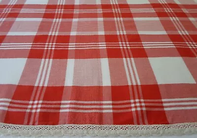 Vintage Hand Made Tablecloth With Bobbin Lace Trim Red/white Check Stripe Cotton • $12