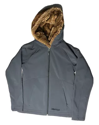 Womens Marmot Furlong Softshell Faux Fur Hooded Jacket Gray Tan SMALL • $39.99
