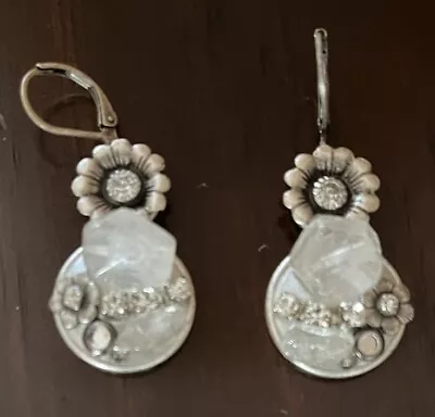 Vintage Michal Golan Lever Back Dangle Earrings Silver Tone Crystal Quartz • $34.50