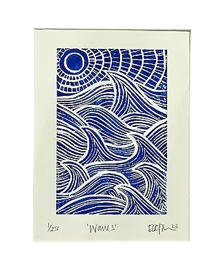 “Waves”LIMITED EDITION LINOCUT PRINT - With Mount Will Fit A Standard A4 Frame • £15