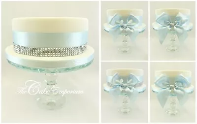 £3.75 • Buy Baby Blue Satin Ribbon Bows Diamante Rhinestone Hearts Cake Topper Options