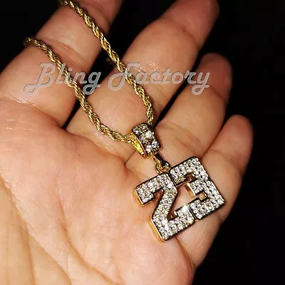 Hip Hop Iced Gold Plated Number 23 Pendant & 3mm 24  Rope Chain Bling Necklace • $11.99