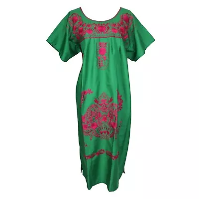 Green Peasant Mexican Dress Tunic Boho Hand Embroidered Puebla Dress Large/XL • £31.84