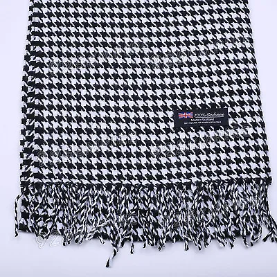 Women's Men's 100% CASHMERE Black/White Houndstooth Scarf MADE IN SCOTLAND • $7.99