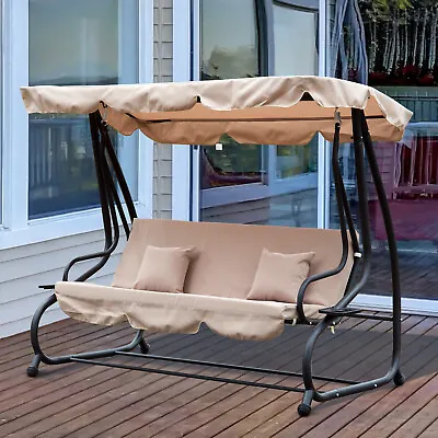3 Seater Garden Swing Chair 2-in-1 Hammock Bed W/ Tilting Canopy Light Brown • £169.99