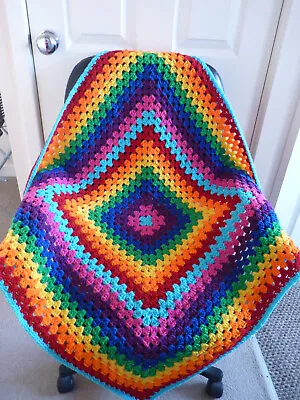 Handmade Crochet Granny Square Baby Blanket Rainbow Baby Shower Gift 34 X 34 Ins • £16.99