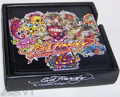 Ed Hardy Love Kills Tattoo Slowly Collage Beer Wine Glass Leather Coaster 4 Pack • $13.88