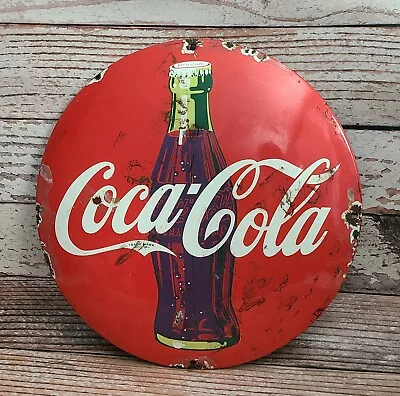 Vintage Coca Cola Coke Bottle Porcelain Metal Soda Pop Advertising Button Sign • $28