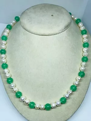 Vtg Genuine Fresh Water Pearl W/green Jadeite(?) Bead Necklace Strand • $9.99