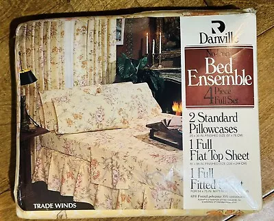 Vtg Danville Bed Sheet Set Full Size 4 Pc Trade Winds No Iron Yellow Pink Floral • $34.95