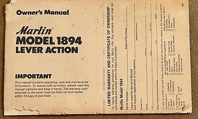 Original Vintage  MARLIN 1894 LEVER ACTION OWNER'S MANUAL  • $3