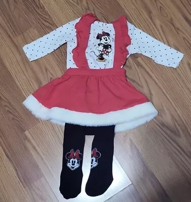 Disney Baby Minnie Mouse Red Overall Dress 0-3M Girl Christmas 3 Pc Set NWOT • $18