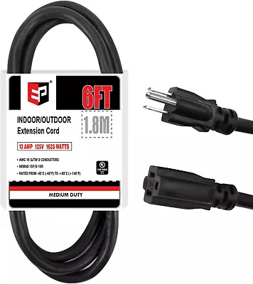 EP 6 Ft Outdoor Extension Cord - 16/3 SJTW Durable Black Electrical Cable With  • $10.57