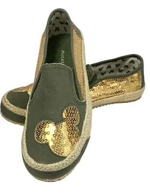 Mickey Mouse Moss Olive Green Canvas Gold Sequin Espadrilles Pullon Shoes 6 NEW • $14.99