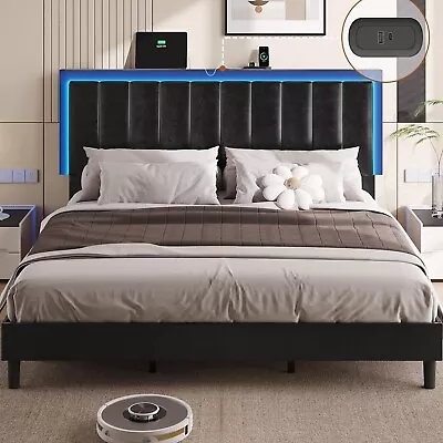 King Size Bed Frame With Led Lights & USB Ports Faux Leather Upholstered Bed • $189.97