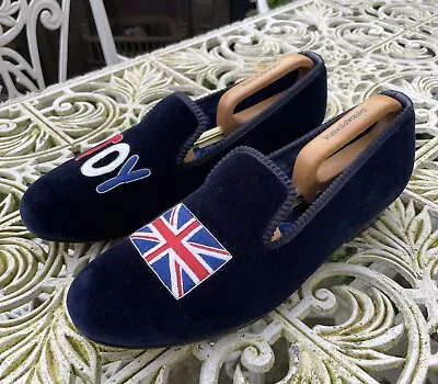 Shipton & Heneage Albert Navy Velvet Slippers Union Jack Embroidered UK 7 • £95