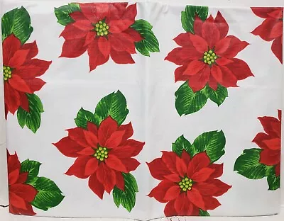 Peva Vinyl Flannel Back Tablecloth 60  Round CHRISTMAS POINSETTIA FLOWERS BH • $13.99