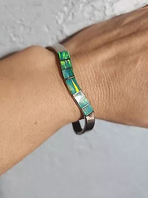 Vintage Alpaca Mexico Green Opal Inlaid Bracelet • $32