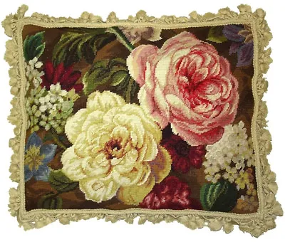 Wool Needlepoint Throw Pillow Yellow Pink Cabbage Rose Accent Cushion 18x22 • $318