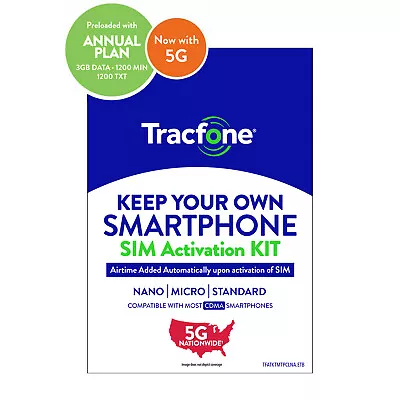 Tracfone Prepaid SIM + 1 Year Plan 3GB Data1200 Min1200 Txt • $55