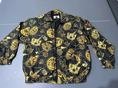 Vintage 80s 90s Baroque Royalty Ropes Silk Black Gold Full Zip Bomber Jacket L • $22.99