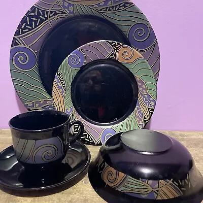 Vtg 1990s Arcoroc France Tampico Black Glass 20 PC Dinnerware Set For 4 • $195.99