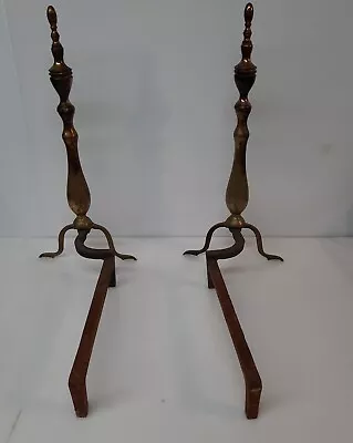 $67.99 • Buy Vintage Andirons Set Brass Finial Top Cast Iron Colonial Style Fireplace