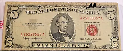 1963 $5 Dollar Red Seal Note AA Block • $12