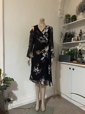 Damsel In A Dress Silk Floaty Floral Print Dress UK12 Draped Asymmetric Hem • £0.99