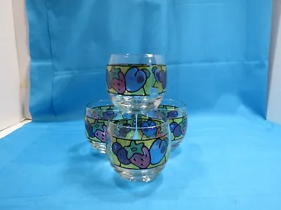 MID CENTURY MODERN Fruits & Berries Stained Glass Round Glasses SET 4 LIBBEY • $9.75