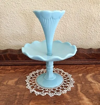 Portieux Vallerysthal Blue Milk Glass Epergne Vintage 2 Piece Horn & Platter • $75