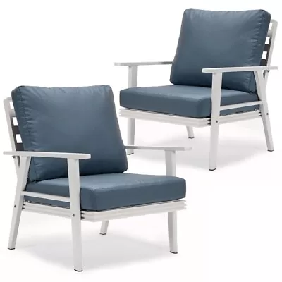 LeisureMod Walbrooke Outdoor Patio White Aluminum Armchairs Set Of 2 Navy Blue • $980.30