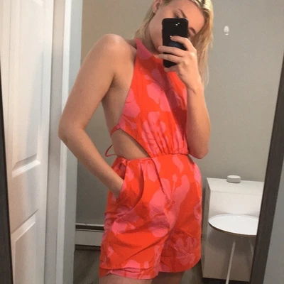 $120.90 • Buy STAUD Georgia Open Back Tropical Island Floral Bright Orange Jumpsuit Romper 6