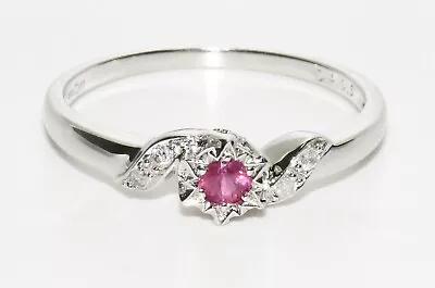 9ct White Gold Ruby & Diamond Solitaire Engagement Ring Size J • £59.95