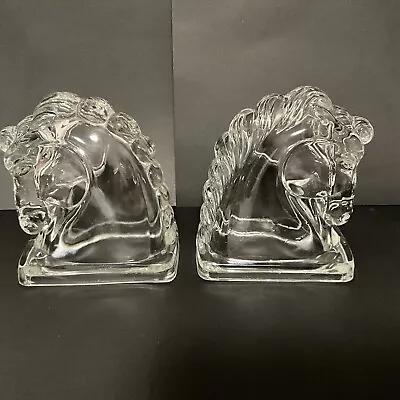 Federal Pressed Clear Glass Horse Head Bookends Vintage Art Deco • $25