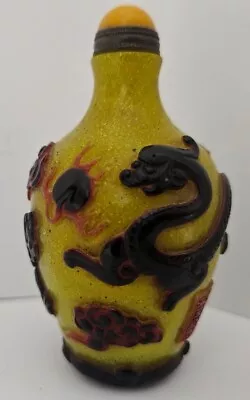 Vintage Chinese Peking Glass Yellow & Red Snuff Bottle Signed China Dragon • $125