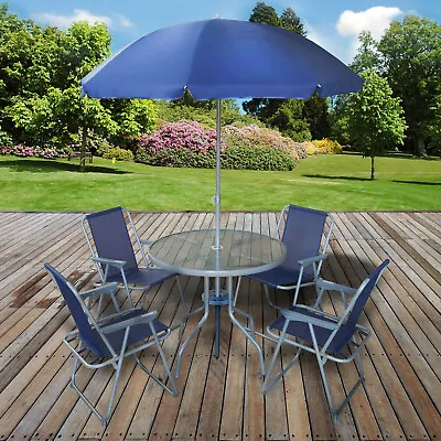 Garden Patio Furniture Set Outdoor 6PC Navy 4 Seats Round Table Chairs & Parasol • £99.99