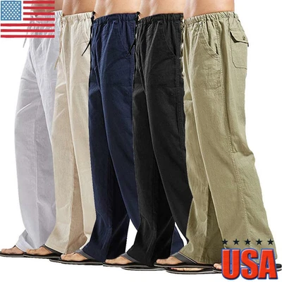 $19.09 • Buy Men's Summer Beach Loose Cotton Linen Pants Yoga Drawstring Elasticated Trousers
