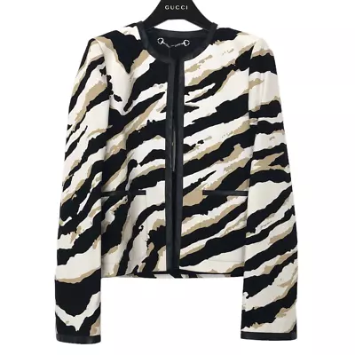 NWT $2200 Gucci City Chic Jacket Tiger Print Cotton Leather Collarless IT 38 XS • $1070.87